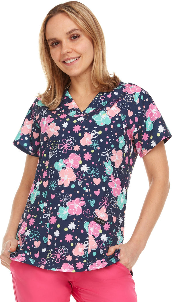 2098-New prints in ! Print V Neck Stretch Scrub Top - kenziesscrubsllc.com