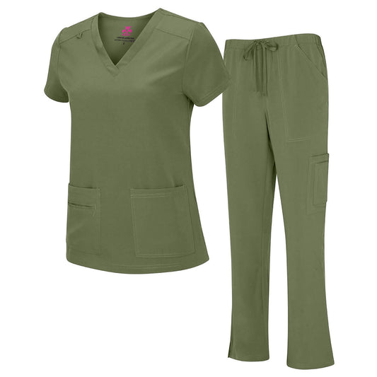 8400 - WOMEN’S COOL STRETCH V-NECK TOP AND CARGO PANT SET - OLIVE