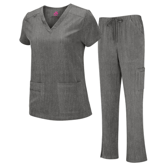 8400 - WOMEN’S COOL STRETCH V-NECK TOP AND CARGO PANT SET - HEATHER GREY