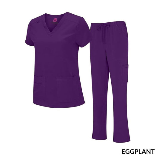 8400 - WOMEN’S COOL STRETCH V-NECK TOP AND CARGO PANT SET - EGGPLANT