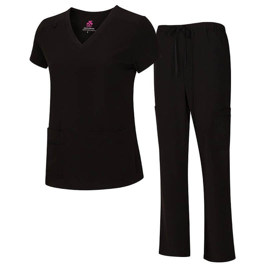 8400 - WOMEN’S COOL STRETCH V-NECK TOP AND CARGO PANT SET - BLACK