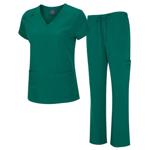 8400 - WOMEN’S COOL STRETCH V-NECK TOP AND CARGO PANT SET - TRUE HUNTER GREEN