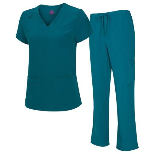 8400 - WOMEN’S COOL STRETCH V-NECK TOP AND CARGO PANT SET - TEAL