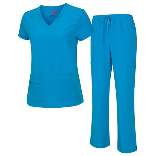 8400 - WOMEN’S COOL STRETCH V-NECK TOP AND CARGO PANT SET - WATER BLUE