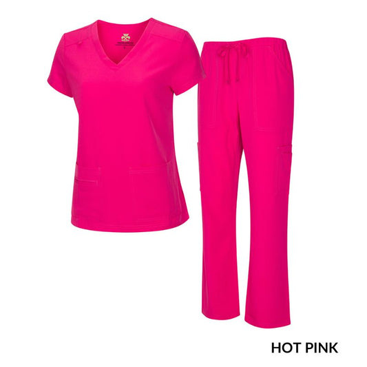 8400 - WOMEN’S COOL STRETCH V-NECK TOP AND CARGO PANT SET - HOT PINK